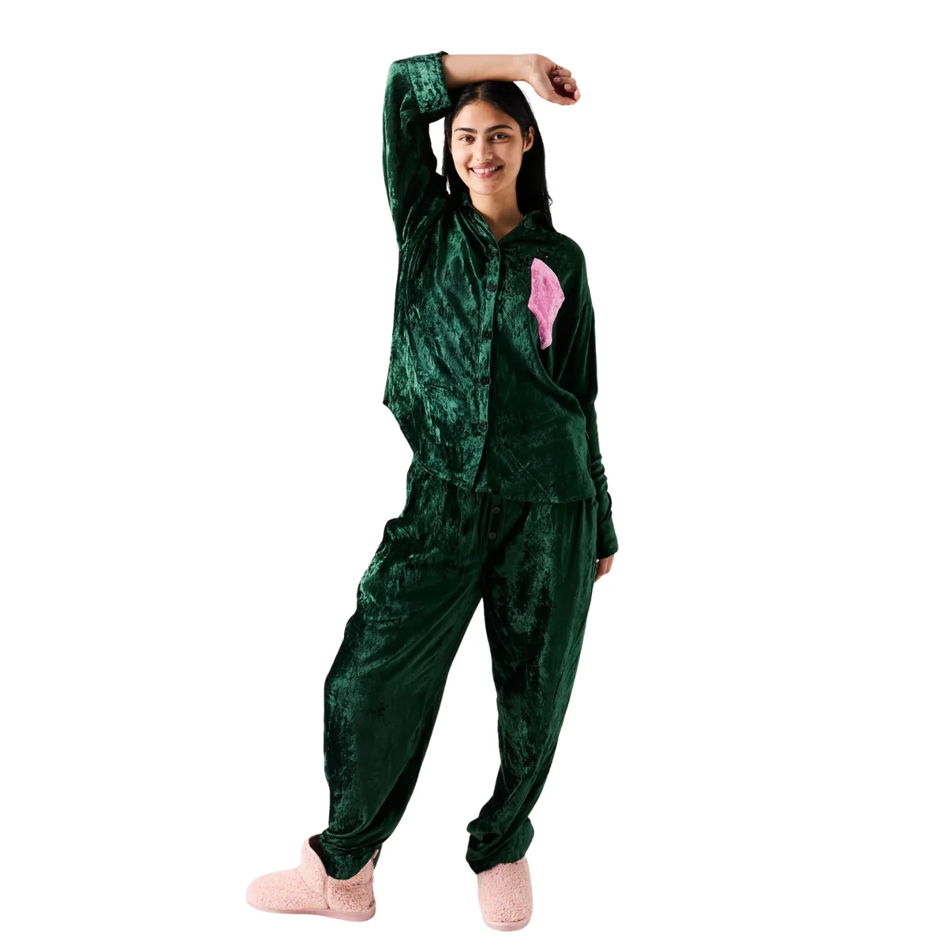Adult Velvet Long Sleeve Shirt and Pant Pyjama Set - Candy Pine