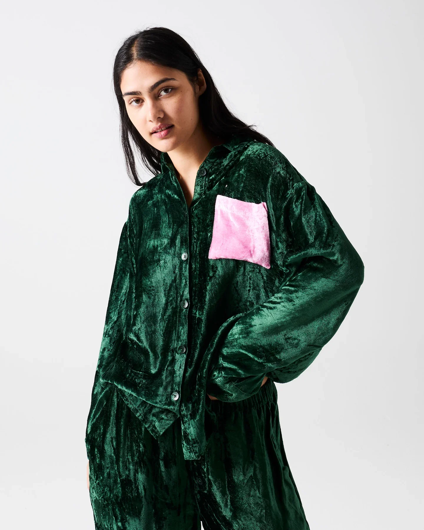 Adult Velvet Long Sleeve Shirt and Pant Pyjama Set - Candy Pine - Image 5