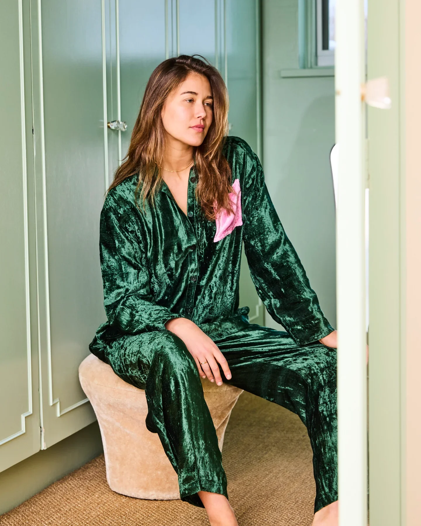 Adult Velvet Long Sleeve Shirt and Pant Pyjama Set - Candy Pine - Image 6