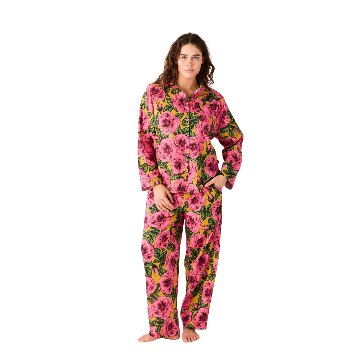 Adult Organic Cotton Long Sleeve Shirt and Pant Pyjama Set - Golden Peony