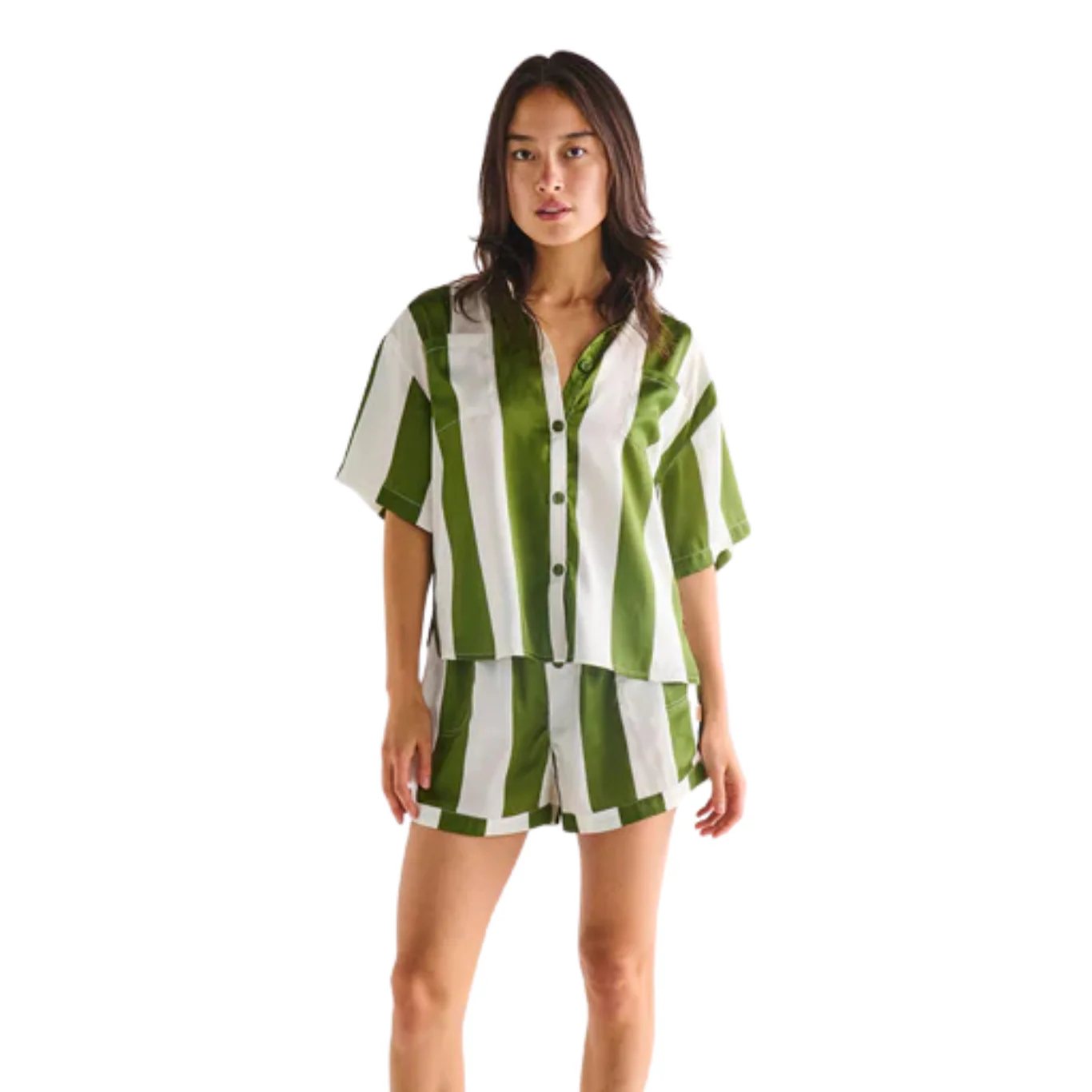 Satin Short Pyjama Set - Moss Stripe