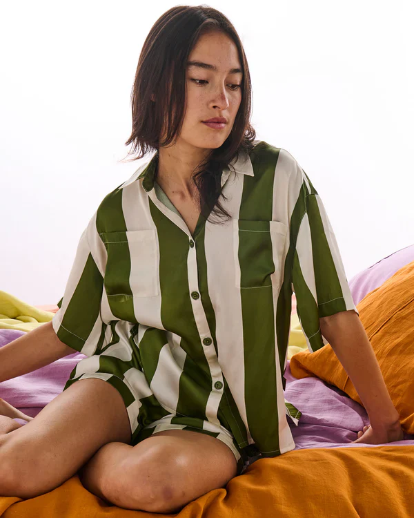 Satin Short Pyjama Set - Moss Stripe - Image 3